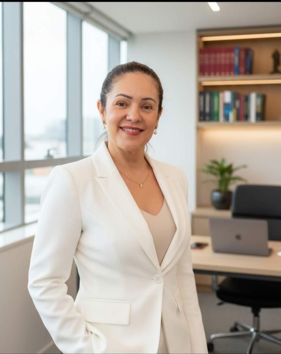 Dra. Carla Domingues, advogada, em seu escritório
